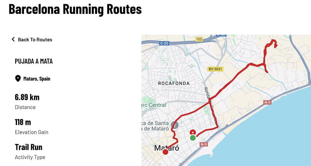 Map of a 6.89 km trail run in Mataró, Spain, highlighting the route and elevation. Perfect for travelers staying fit on the go.