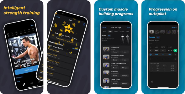 Four app screenshots display strength plans, workouts, and muscle programs for travelers to maintain fitness progress on the go.
