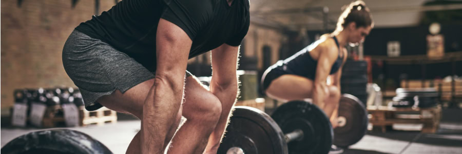 Travelers staying fit: two people in a hotel gym squat with barbells, showing dedication to strength training while on the go.