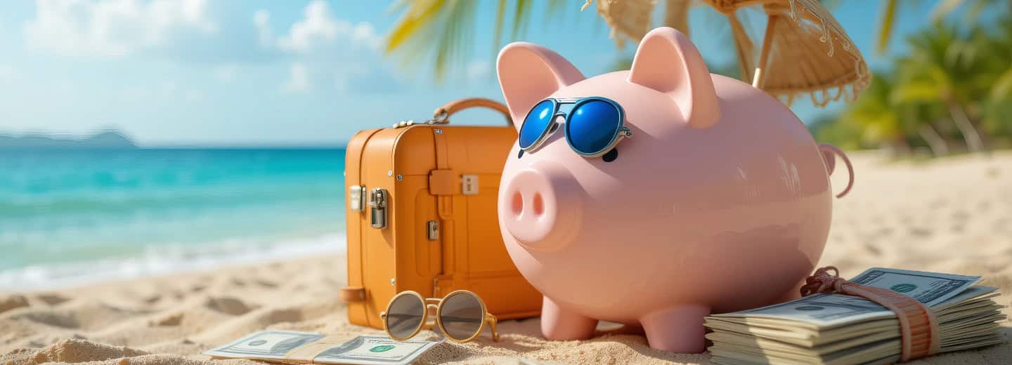 A piggy bank with sunglasses, suitcase, and money sits on a sunny beach by the ocean, ready for a fit and active vacation.