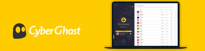 CyberGhost VPN, ideal for travelers seeking secure hotel WiFi, with its logo on a yellow background.
