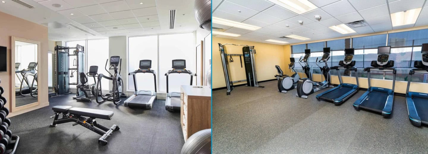 Spacious hotel gym rooms with treadmills, ellipticals, weights, and large windows so you can stay fit while traveling.