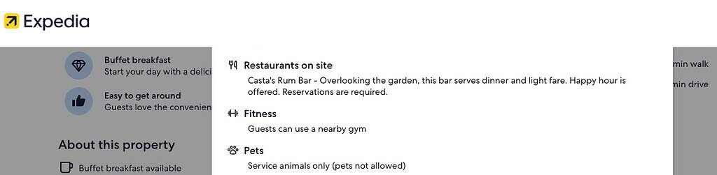 Expedia hotel amenities list with on-site restaurant, nearby gym access for staying fit while traveling, and service animals policy.