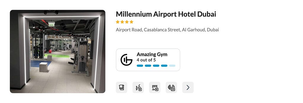 An amazing hotel gym at Millennium Airport Hotel Dubai. GymFactor 4/5 for travelers wanting to stay fit on the go.