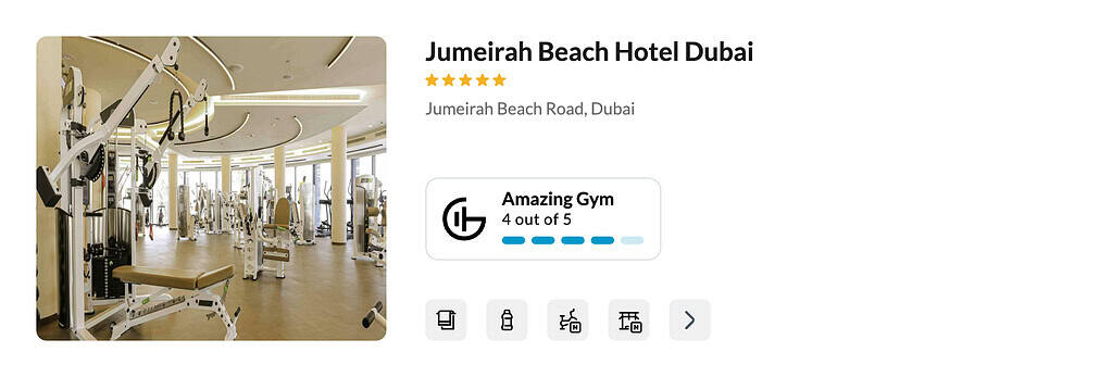 An amazing hotel gym at Jumeirah Beach Hotel Dubai. GymFactor 4/5 for travelers wanting to stay fit on the go.