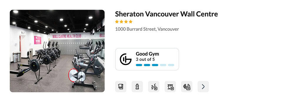 Fitness room at Sheraton Vancouver Wall Centre with bikes and rowers, rated 3/5—suitable for staying fit during your travels.