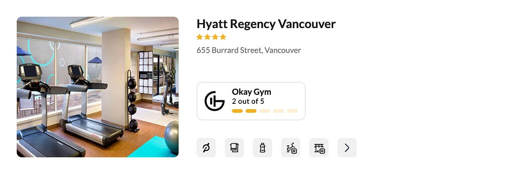 Stay fit while traveling at Hyatt Regency Vancouver’s bright gym with two treadmills and exercise equipment, rated 2 out of 5 stars.