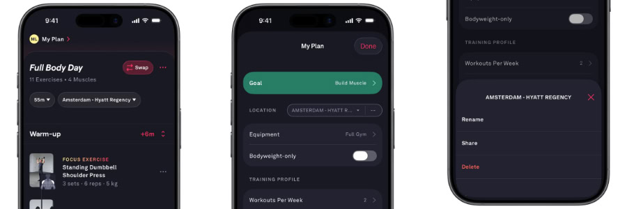 Three smartphone screens display a fitness app in dark mode, highlighting workout plans and customization options to help travelers stay fit while using HotelGyms.com.