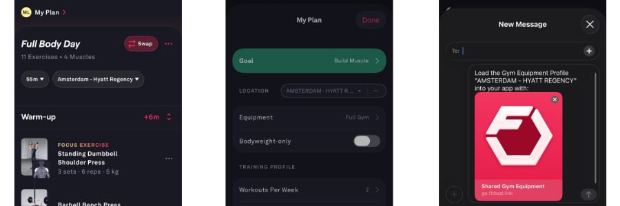A fitness app highlights a workout plan, goal-setting screen, and message about sharing hotel gym equipment, helping travelers stay fit while on the go.