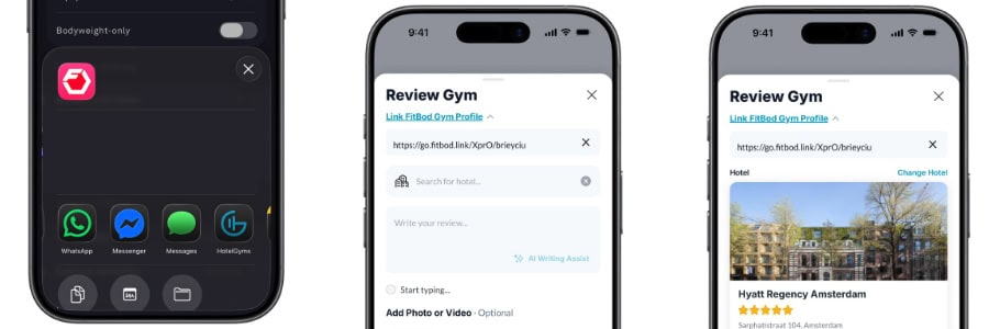 Three smartphone screens display a gym review interface and related app icons, highlighting how HotelGyms.com helps travelers remain fit while on the go.