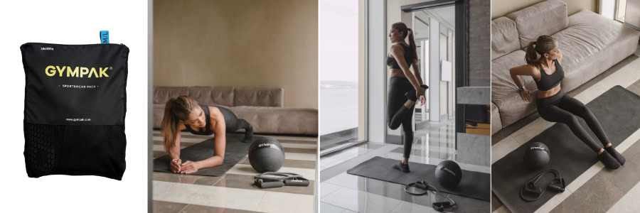 A woman stays fit while traveling by using a GYMPAK fitness kit for hotel room workouts, with a packed gym bag beside her.