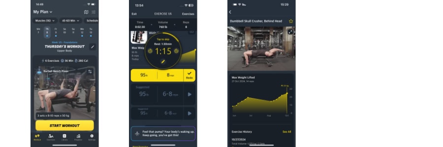 Gymverse fitness app screens with workout stats, exercise tracking, and muscle-building videos.