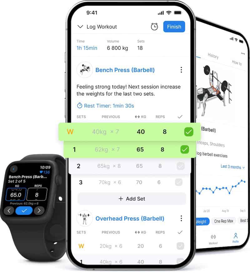 Smartphone and smartwatch show a workout tracking app with bench press stats, perfect for travelers staying fit with HotelGyms.com.