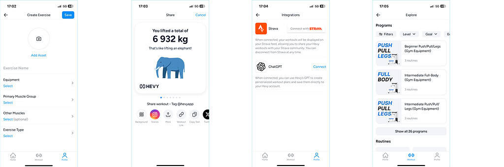 Four app screenshots help travelers remain fit with exercise creation, weight stats, Strava sync, and ready-to-use workout programs.