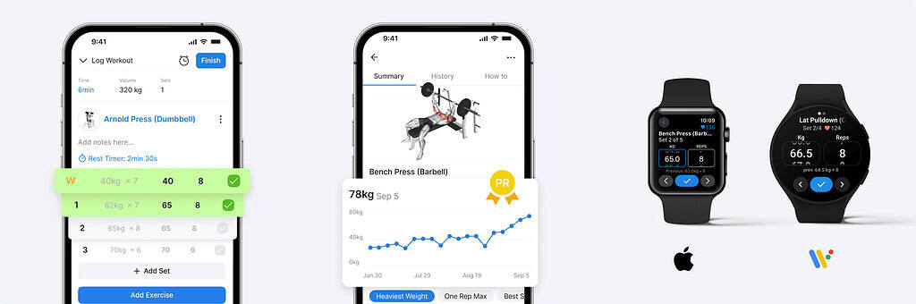 Three fitness app screens display workout logs, progress graphs, and smartwatch syncing—ideal for guests staying fit while traveling.