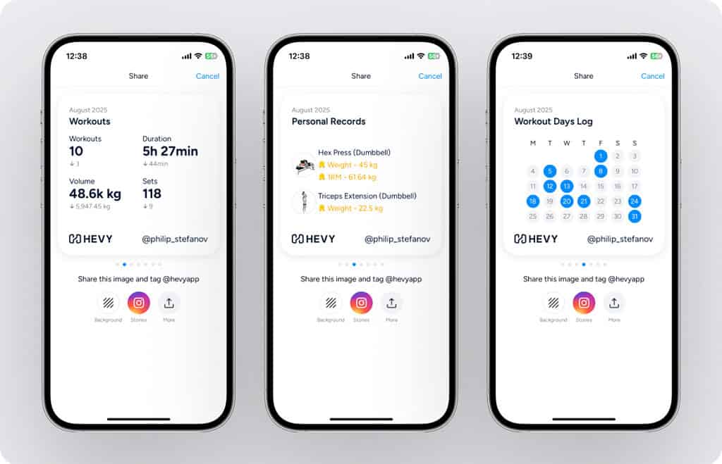 Three smartphone screens show workout stats, personal records, and a travel calendar to help guests track fitness on the go.