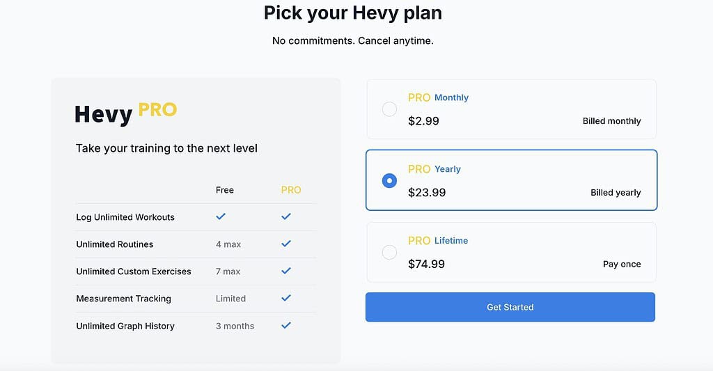 Hevy plan options for travelers: Free vs Pro with monthly, yearly, and lifetime prices plus feature comparisons to stay fit on the go.