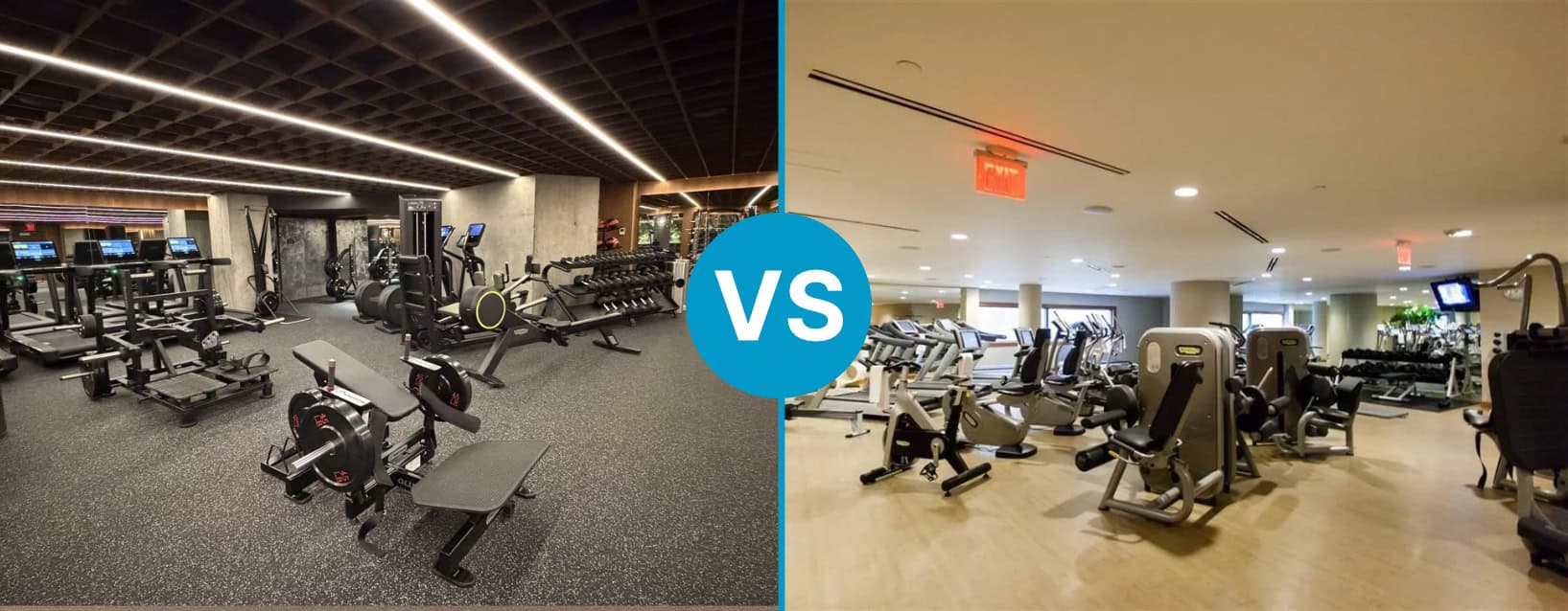 Comparison of two hotel gyms side by side with a blue VS circle, highlighting fitness options for travelers on HotelGyms.com.