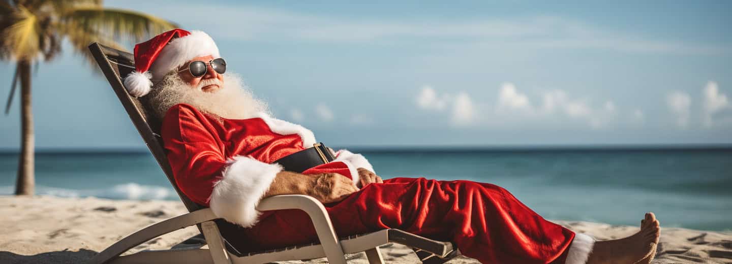 Santa Claus in sunglasses takes a break on a beach chair by the ocean, planning active travel routines to stay fit on holiday.