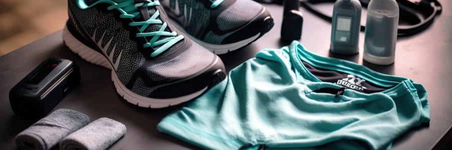Black and teal running shoes, teal workout gear, socks, and fitness accessories on a table—essentials for staying fit while traveling.
