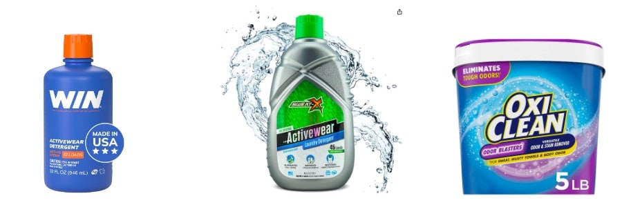 Three athletic detergents—WIN (blue bottle), Sweat X (silver bottle), and OxiClean (purple tub)—help keep gym gear fresh while traveling.