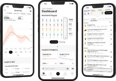 Three smartphone screens of MacroFactor nutrition app to help travelers stay fit with graphs, charts, and food logs.