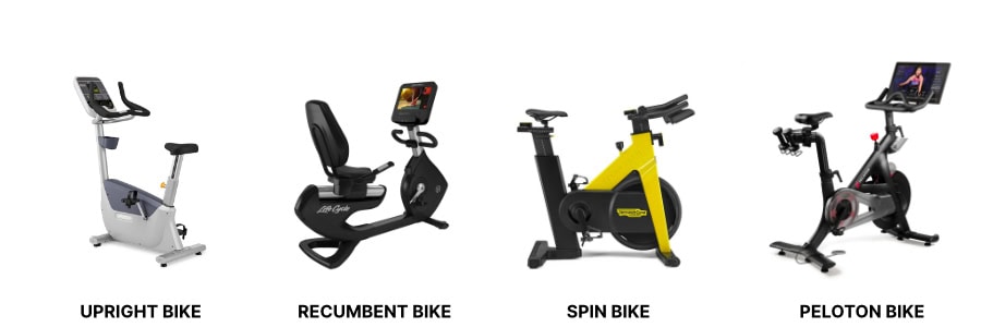 Overview of different bikes available in hotel gyms: upright, recumbent, spin, and Peloton bikes.