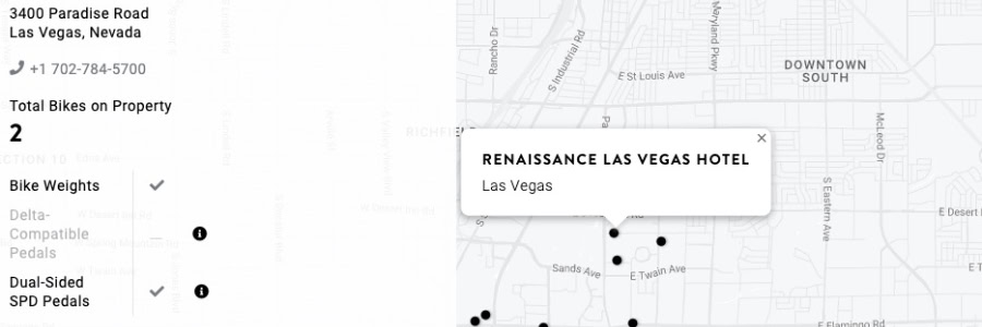 Map displays Renaissance Las Vegas Hotel, with 2 Peloton bikes.