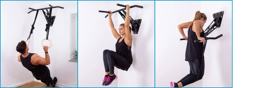 Three people use a wall-mounted pull-up bar in a bright room, showing ways to keep fit while traveling, as at a hotel gym.