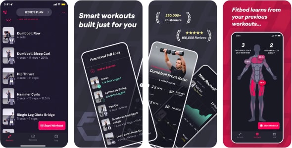 Four screenshots of Fitbod fitness app with travel-friendly workout plans, exercises, progress charts, and a muscle map for hotel stays.