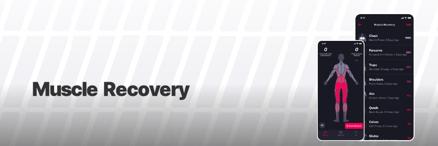 Two Fitbod fitness app screens show the muscle recovery with highlighted muscle groups and recovery status, perfect for staying fit while traveling with HotelGyms.com.