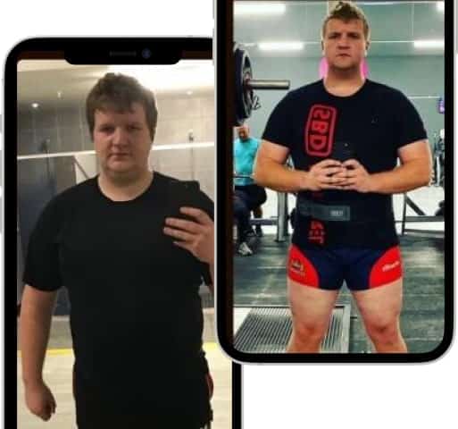 Side-by-side photos of Alec tracking progress with Fitbod.