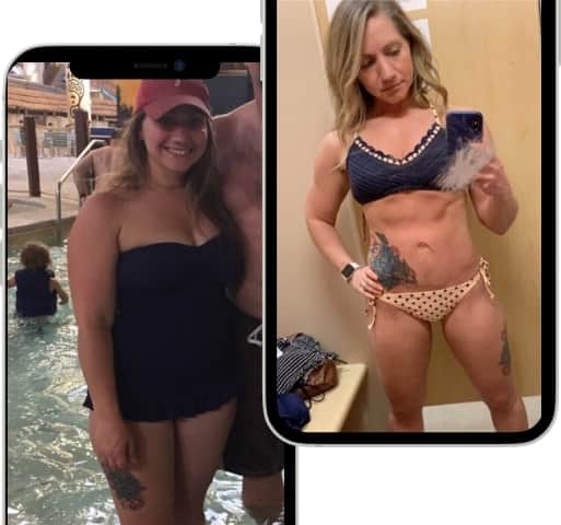 Side-by-side photos of Jennifer tracking progress with Fitbod.