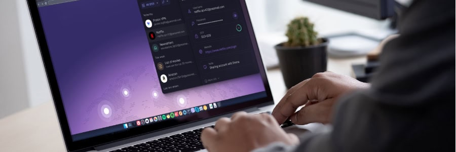 MacroFactor_Banner Traveler using a laptop with a purple screen and chat app open, likely searching for fitness options while on the go, with a small plant in the background.