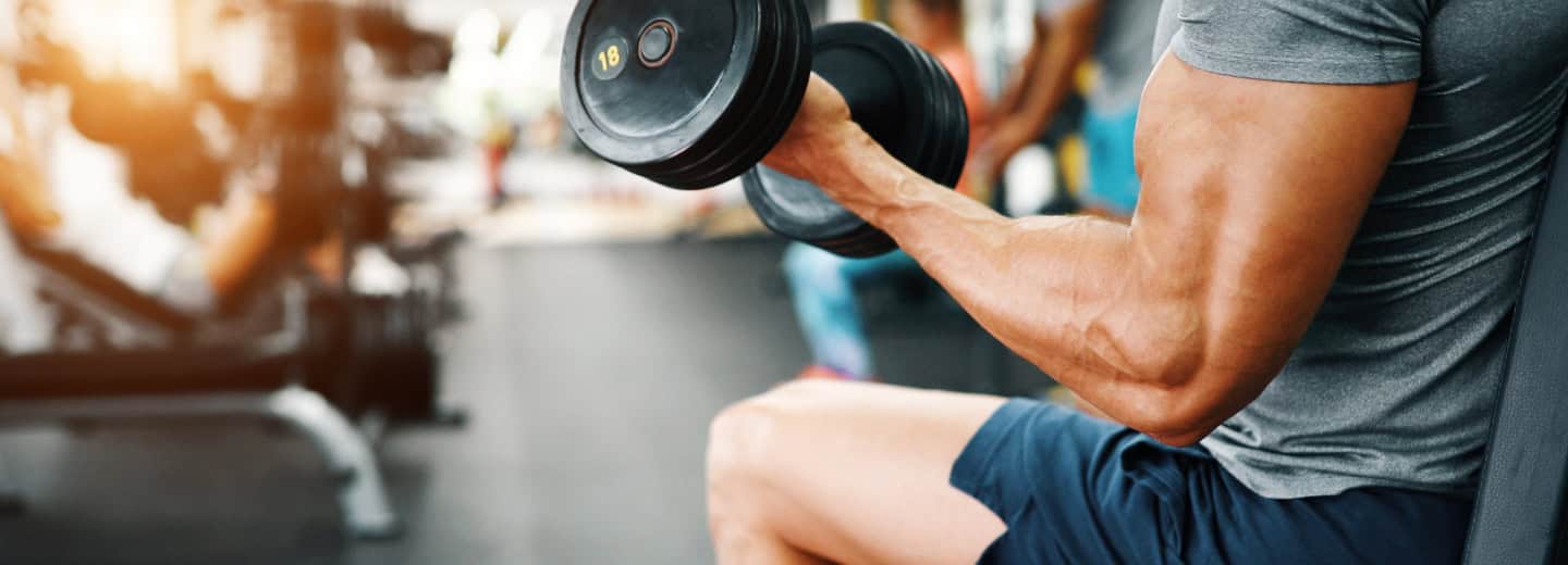 A traveler in athletic wear lifts a dumbbell while seated in a hotel gym, maintaining arm strength during their trip.