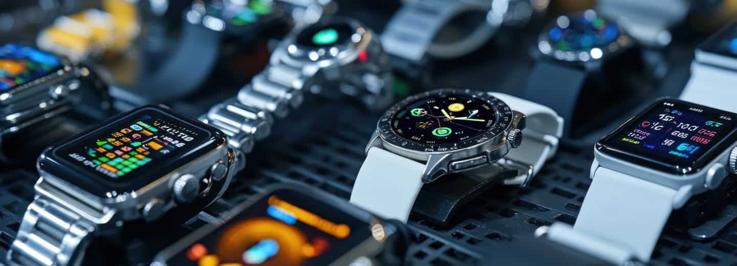 A selection of smartwatches and digital watches with various screens, perfect for tracking your fitness routines while traveling.