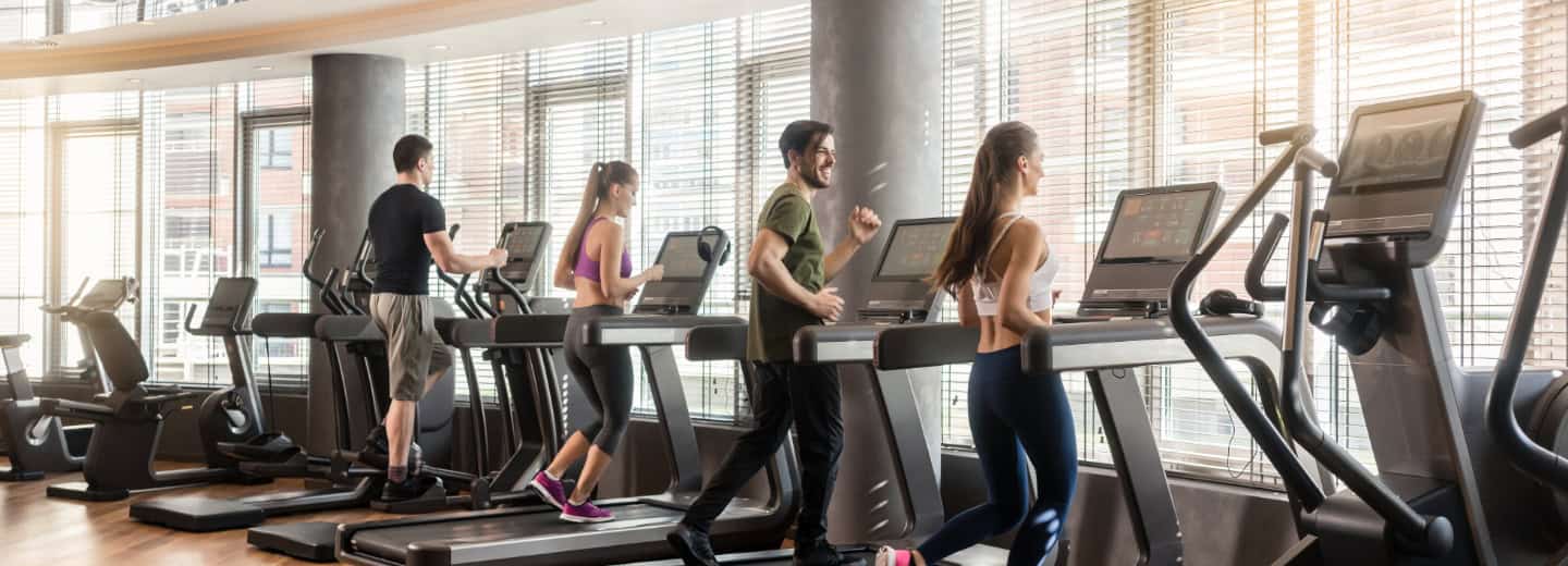 Travelers stay fit on treadmills in a bright, modern hotel gym with large windows and impressive city views.