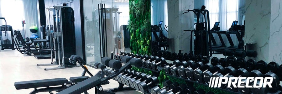 Stay fit while traveling in this modern hotel gym featuring weight machines, free weights, benches, and a Precor logo bottom right.