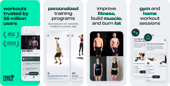 Fitness app interface with workout programs and trainers, helping travelers stay fit in hotel gyms or rooms during their trips.
