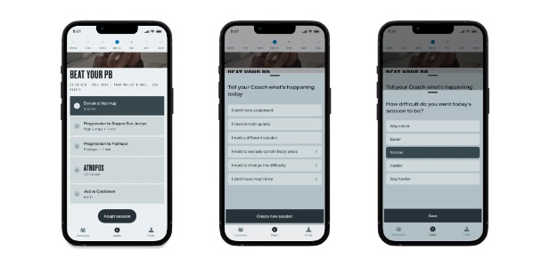 Three smartphones show a fitness app for tracking workouts, perfect for travelers aiming to stay fit while using HotelGyms.com.