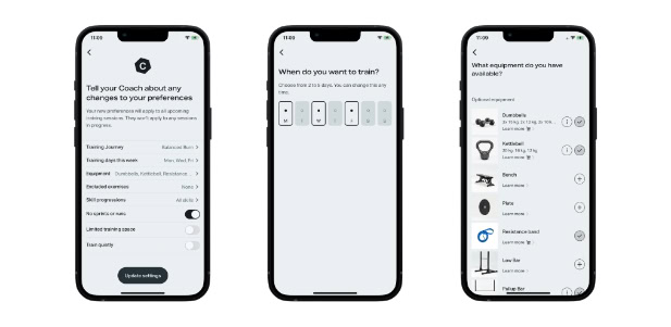 Three smartphone screens display a fitness app for planning workouts, choosing available days, and selecting equipment while traveling.