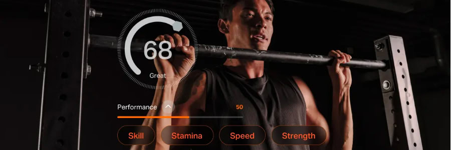 Traveler performing pull-ups on a bar with fitness metrics and a performance score overlay, highlighting ways to stay fit on trips.