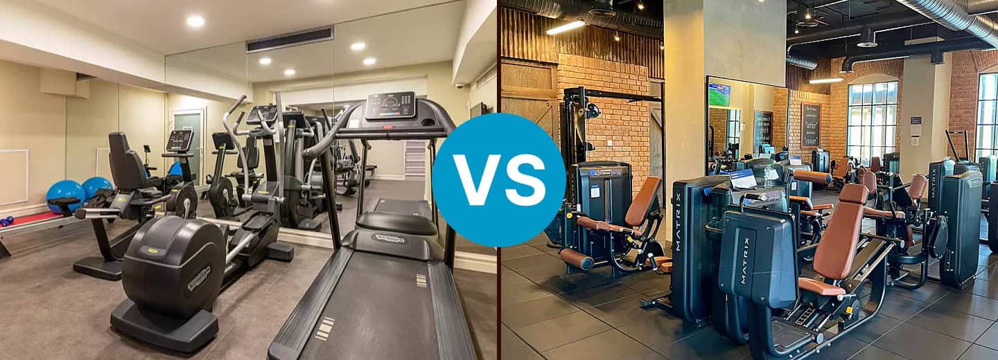 Split image shows options to stay fit while traveling: a bad hotel gym with limited machines vs. a great hotel gym with weight machines.