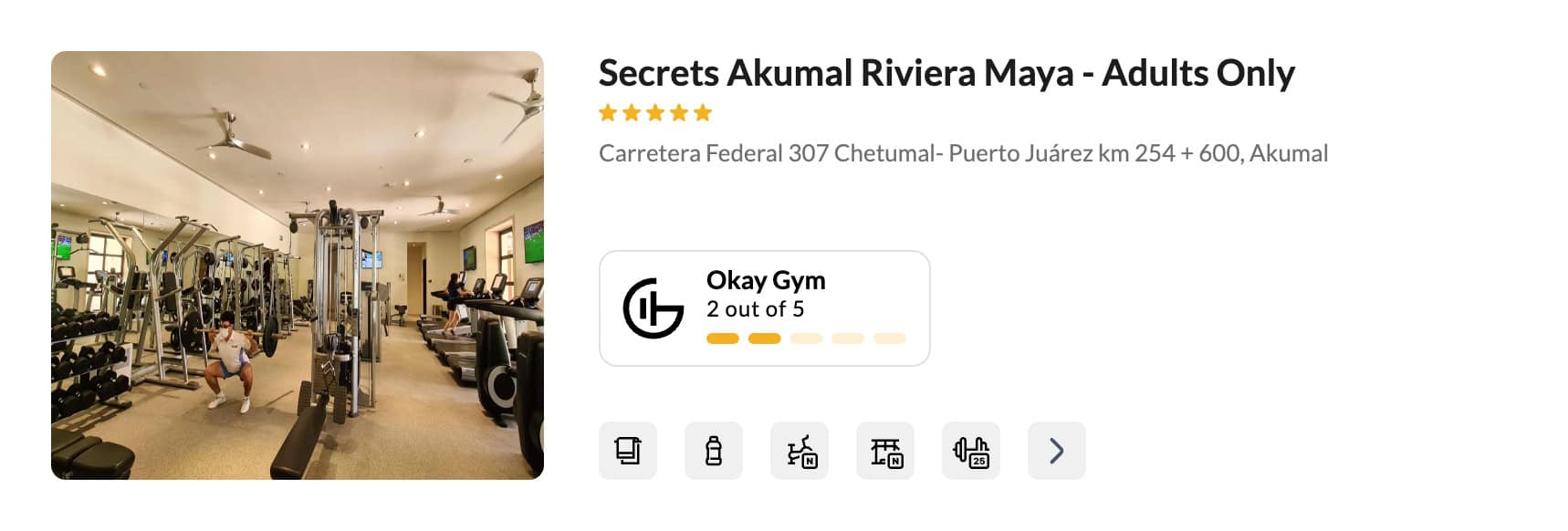 An okay hotel gym at Secrets Akumal Riviera Maya. GymFactor 2/5 for travelers wanting to stay fit on the go.