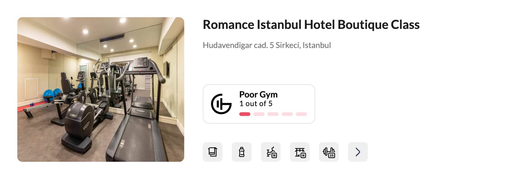 A poor hotel gym at Romance Istanbul Hotel Boutique Class. GymFactor 1/5 for travelers wanting to stay fit on the go.