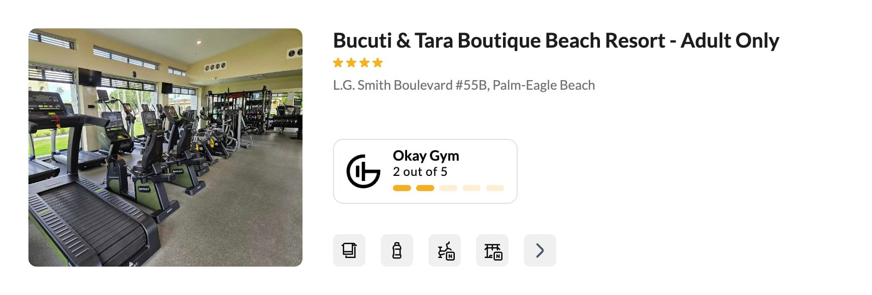 An okay hotel gym at Bucuti & Tara Boutique Beach Resort. GymFactor 2/5 for travelers wanting to stay fit on the go.
