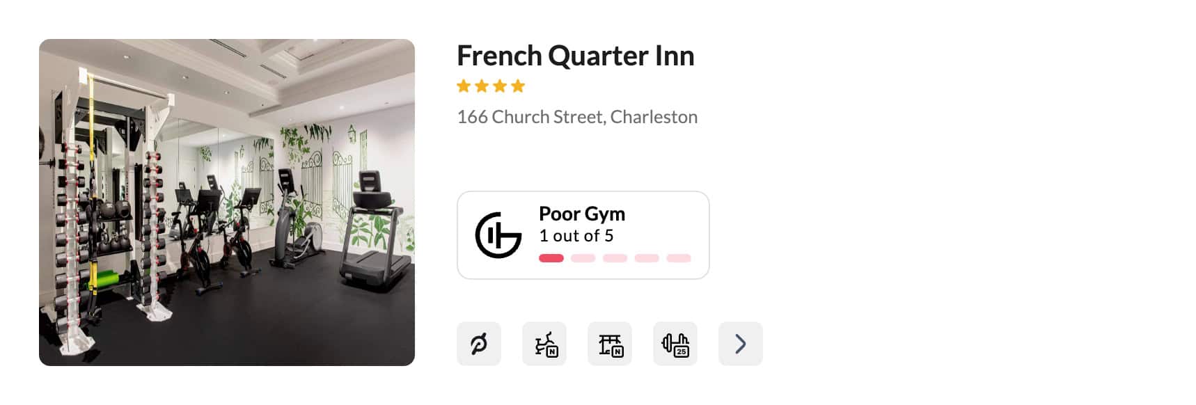 A poor hotel gym at French Quarter Inn, Charleston. GymFactor 1/5 for travelers wanting to stay fit on the go.