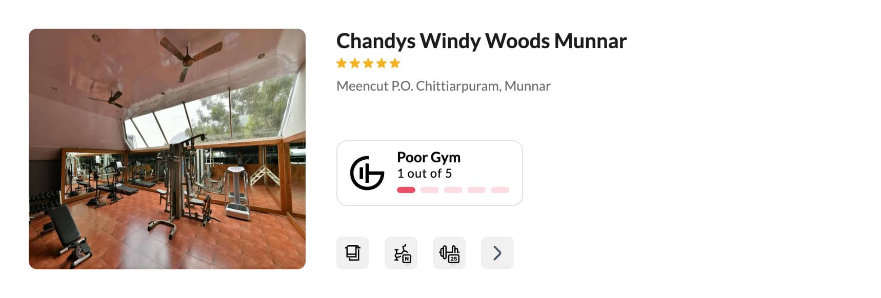 A poor hotel gym at Chandys Windy WoodsMunnar. GymFactor 1/5 for travelers wanting to stay fit on the go.