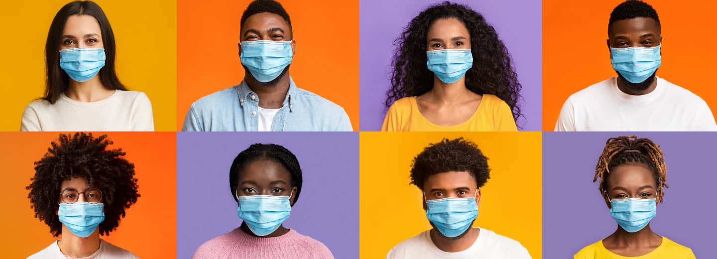 Grid of eight diverse people in blue masks on colorful backdrops, showing how to stay fit and safe while traveling with HotelGyms.com.