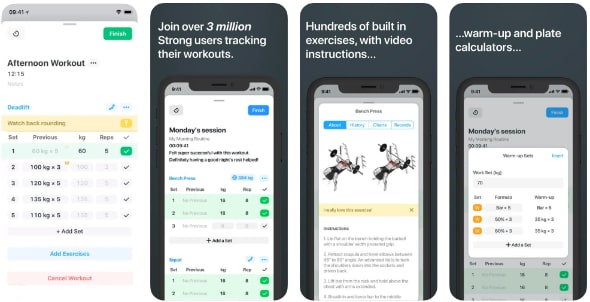 Four screenshots of Strong fitness app on phones, showing logs, videos, and calculators for travelers to stay fit while at hotels.